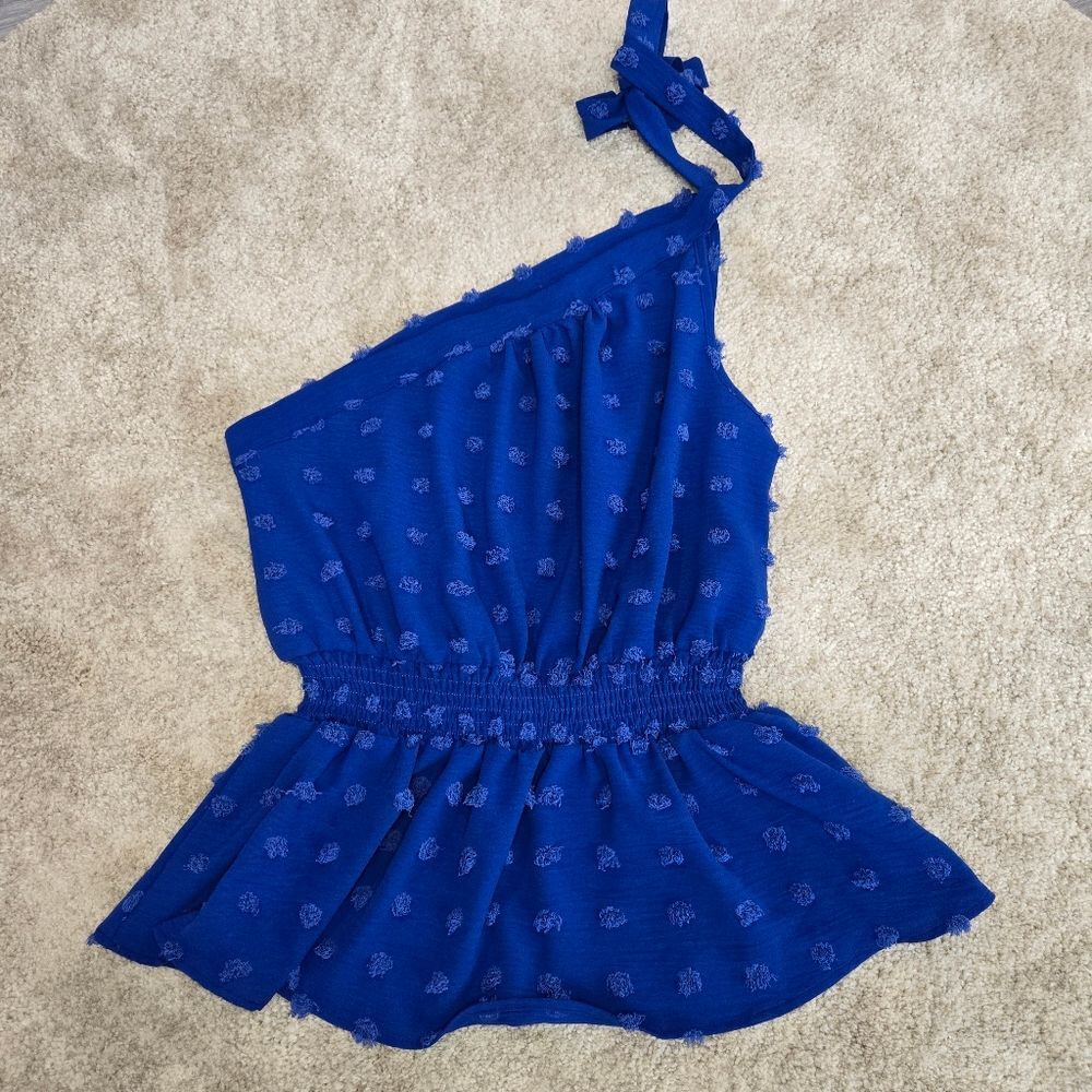 Pretty Garden Blue One-Shoulder Top